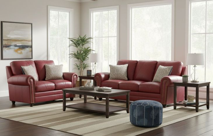 Westfield Cherry Leather Living Room Set with Nailhead Trim