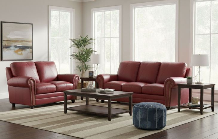 Westfield Cherry Leather Living Room Set with Nailhead Trim