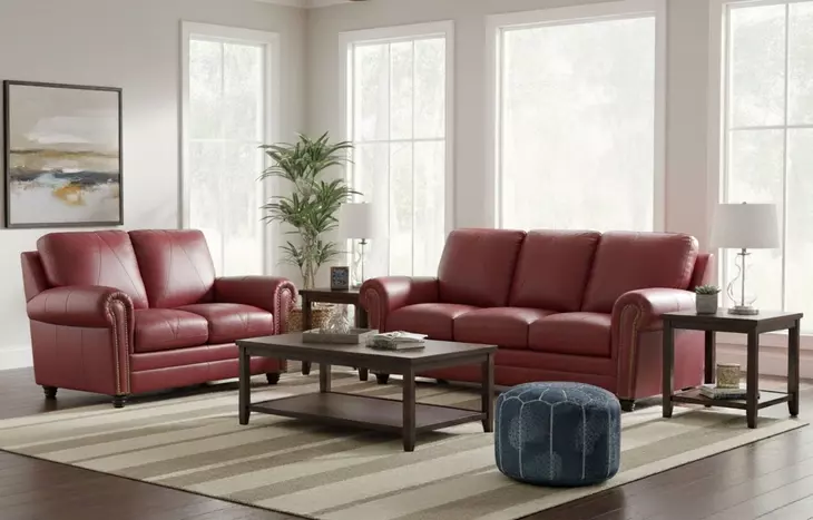 Westfield Cherry Leather Living Room Set with Nailhead Trim