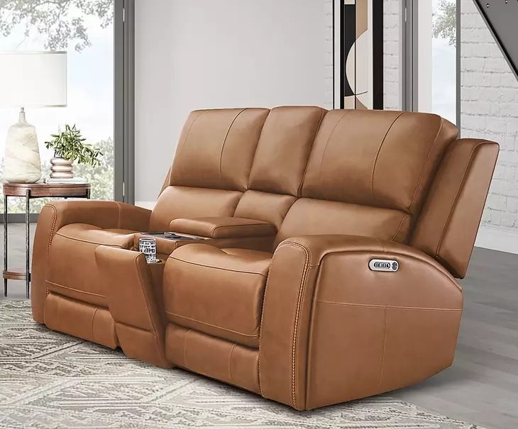 Belmont Lyric Caramel Leather 77" Zero Gravity Power Reclining Loveseat with Console and USB Charging