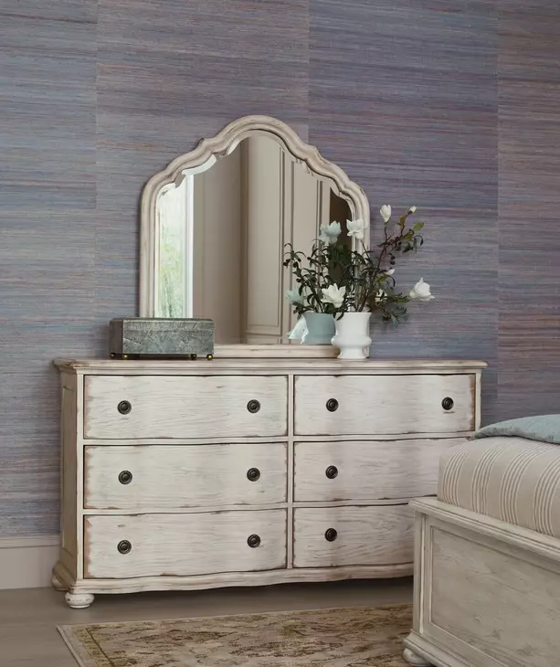 Cambric Creme 6 Drawer Helene Dresser with Arched Serpentine Mirror