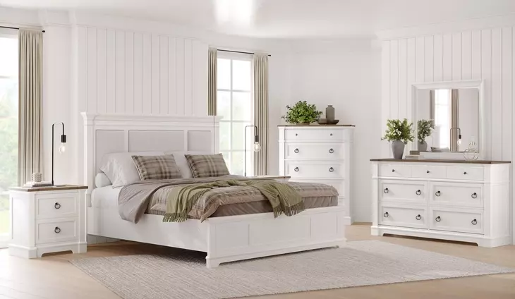 Kingston Whisper White and Gray King Upholstered Panel Bed