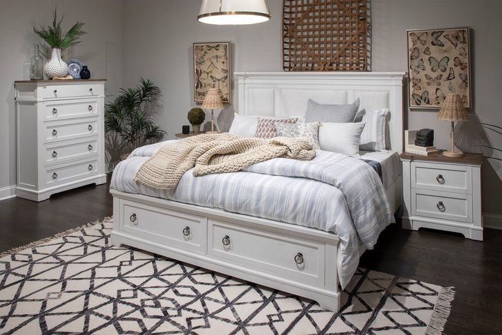 Crownfall Whisper White and Cerused Nutmeg Upholstered Storage Panel Bedroom Set