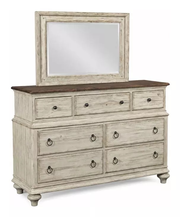 Homestead Pine Cornsilk 7 Drawer Wellington Dresser with Rectangular Landscape Mirror