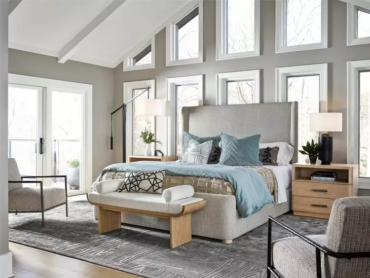 Voyage Beige and White Oak Queen Upholstered Daybreak Panel Bed