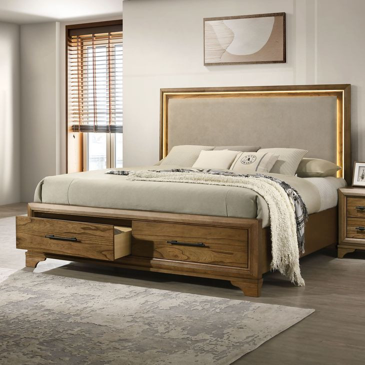 Talcott Warm Honey Brown Upholstered Storage Platform Bedroom Set with LED