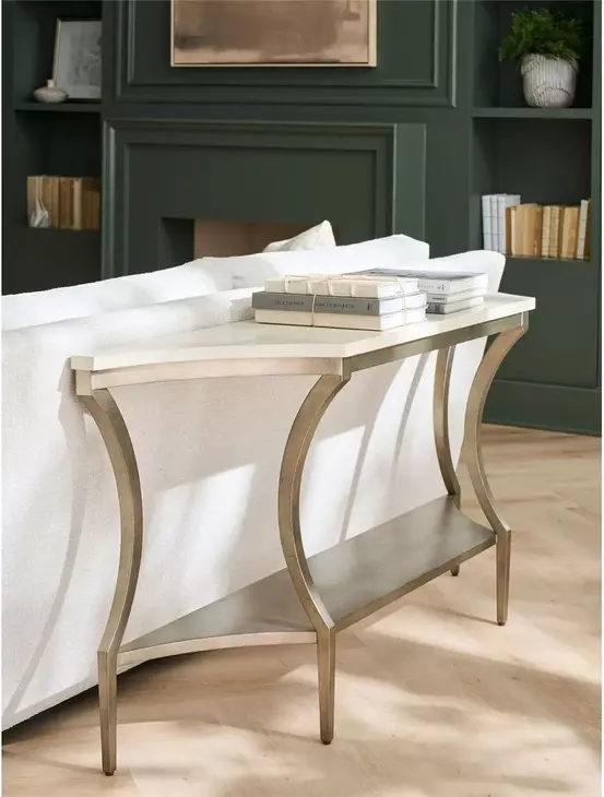 Oakmere White and Aged Pewter Demilune Quartz Top Console Table