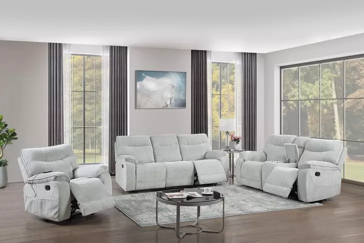 Chablis Mist Gray 72" Reclining Console Loveseat with USB Charging