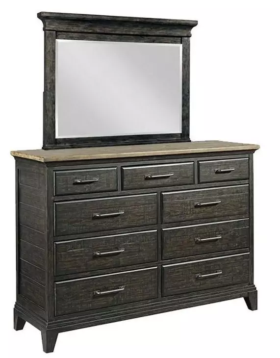 Heritage Timber Charcoal and Brown 9 Drawer Westwood Bureau with Rectangular Jessup Mirror