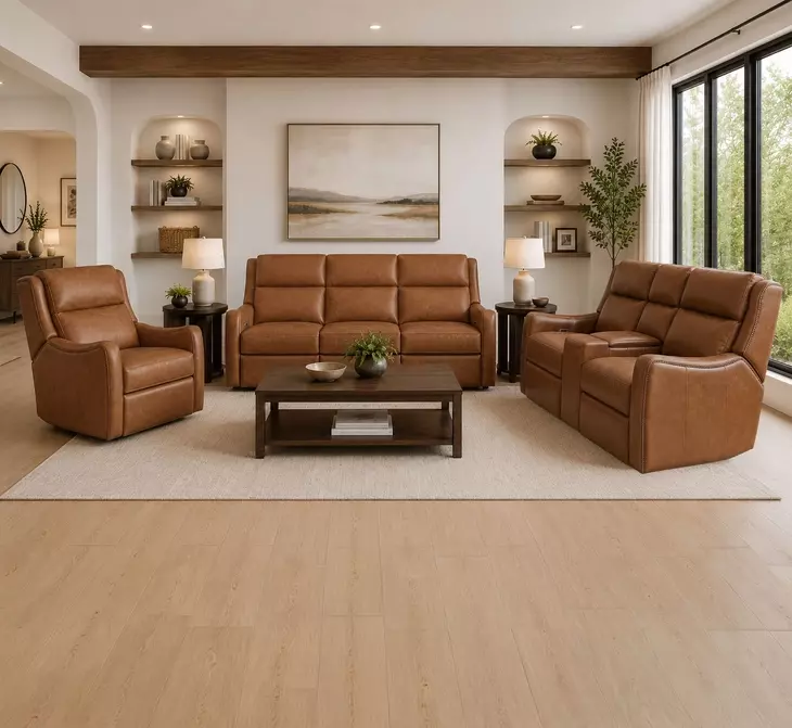Channing Renaissance Cinnamon Leather Zero Gravity Triple Power Reclining Living Room Set with Nailhead Trim and USB Charging