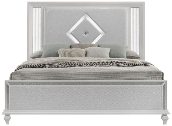 Stardust White California King Upholstered Panel Bed with LED