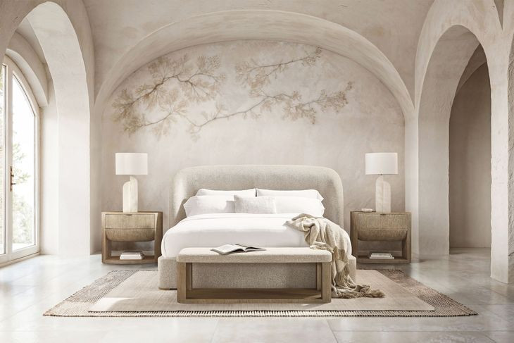 Loggia Aria and Beige Performance Fabric King Upholstered Shelter Bed