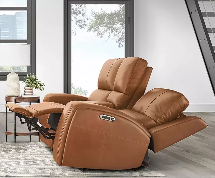 Belmont Lyric Caramel Leather 77" Zero Gravity Power Reclining Loveseat with Console and USB Charging
