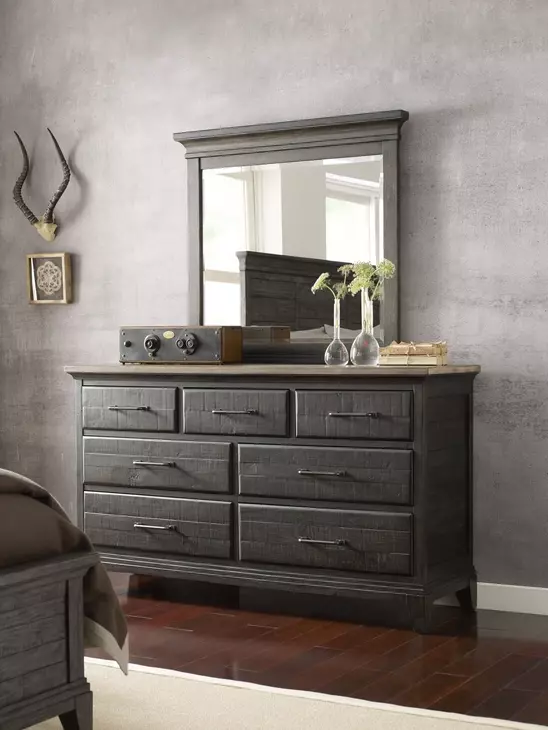 Heritage Timber Charcoal 7 Drawer Farmstead Dresser with Rectangular Jessup Mirror
