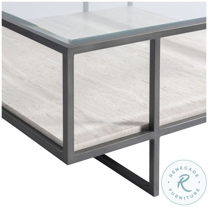 Harlow White Travertine And Bronze Square Cocktail Table