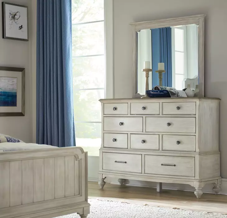 Litchfield Sunwashed and Brown 10 Drawer Cotswold Dresser with Rectangular Landscape Mirror