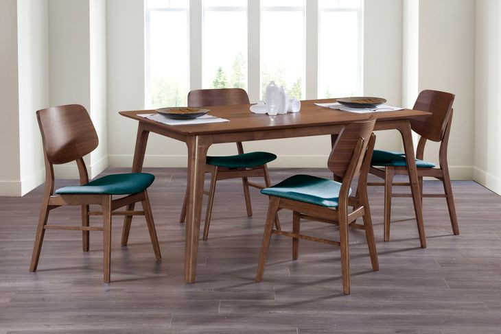 Oscar Walnut and Teal 60" Rectangular Dining Set with 4 Cushion Chairs