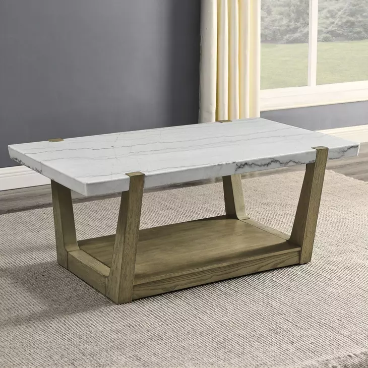 Perth White Rectangular Marble Cocktail Table with Casters