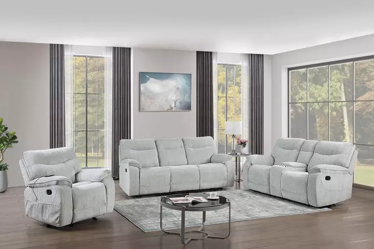 Chablis Mist Gray Reclining Living Room Set with USB Charging