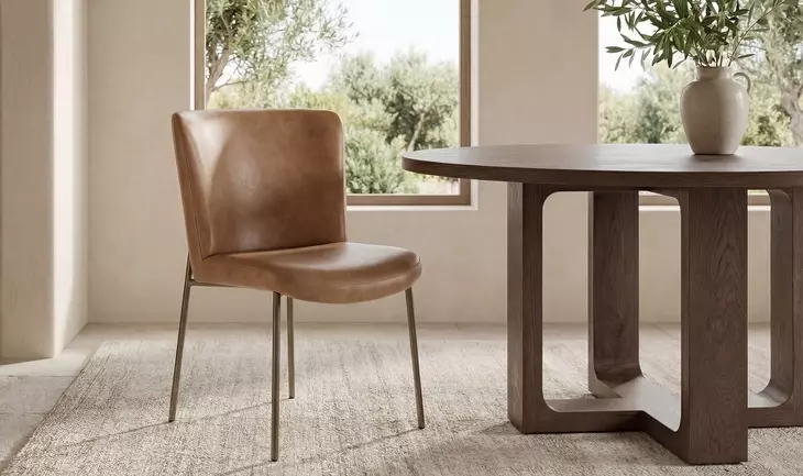 Early Tan Leather Upholstered Dining Chair Set of 2