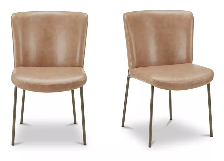 Early Tan Leather Upholstered Dining Chair Set of 2