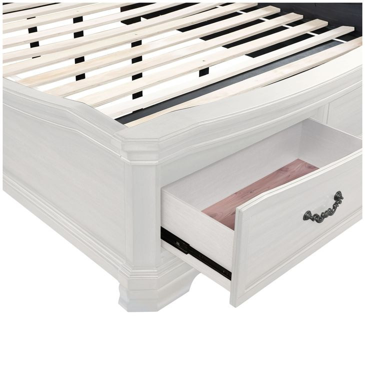 Lyndhurst Vintage White and Beige King Upholstered Storage Sleigh Bed