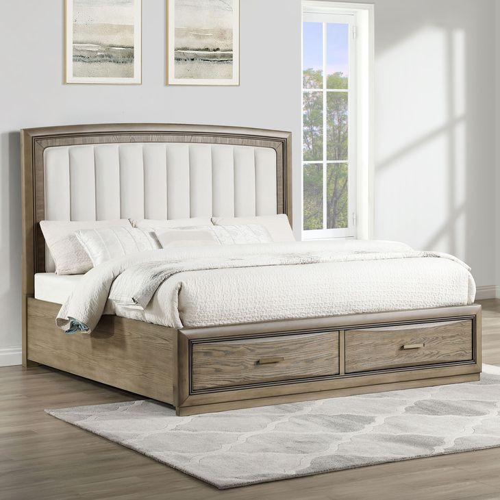 Sonoma Gray Upholstered Queen Panel Bed with 2 Front Storage Drawers