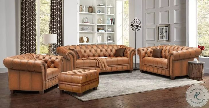 Haworth Saddle Leather Ottoman with Nailhead Trim