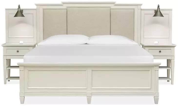 Willowbrook Egg Shell White and Cream King Upholstered Wall Panel Bed with 2 Nightstand and USB Charging