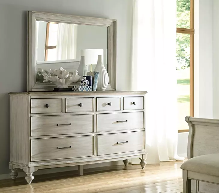 Litchfield Sunwashed and Brown 8 Drawer Weymouth Dresser with Rectangular Landscape Mirror