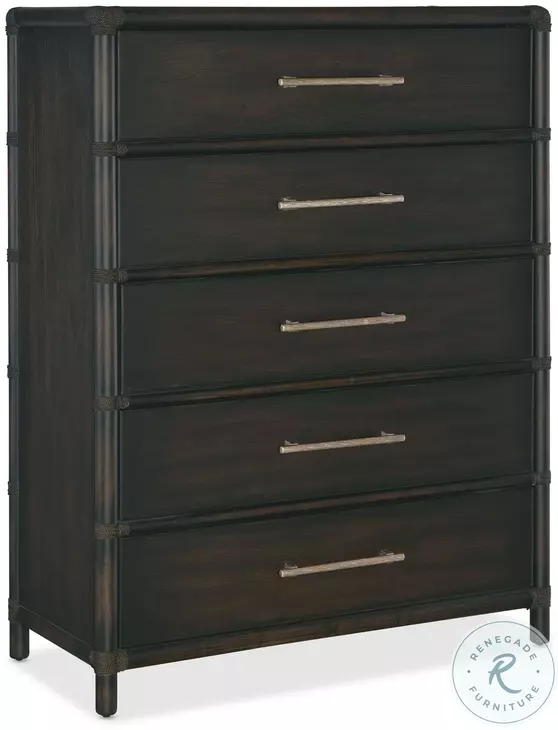 Havenwood Dark Wood Rattan 5 Drawer Wood Chest