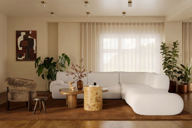 Zenith Cream Upcycled Fabric Modular Sectional with LAF Chair