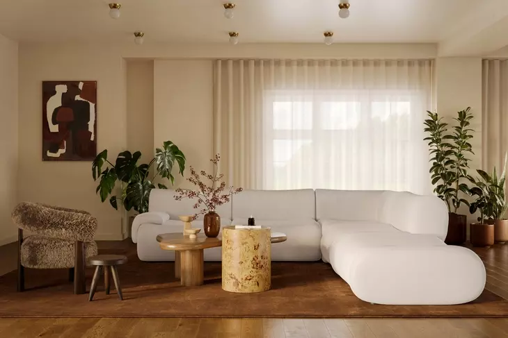 Zenith Cream Upcycled Fabric Modular Sectional with LAF Chair