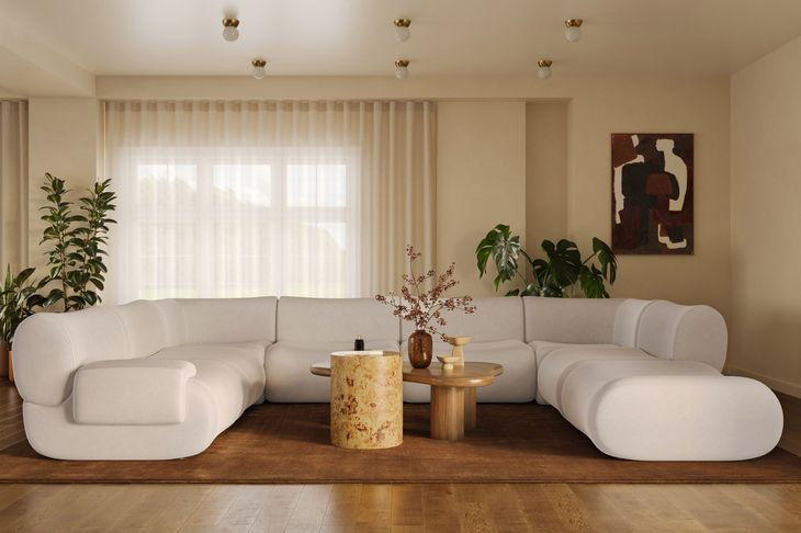 Zenith Cream Upcycled Fabric Modular U-Sectional with LAF Chair