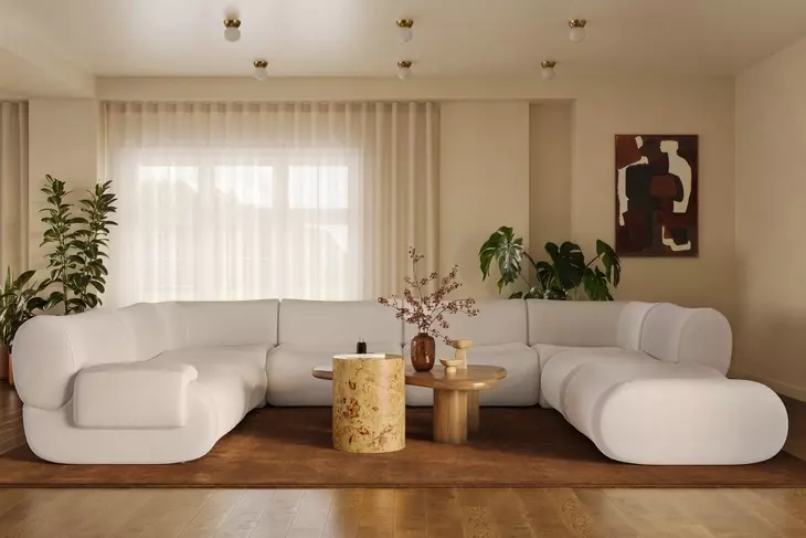 Zenith Cream Upcycled Fabric Modular U-Sectional with LAF Chair