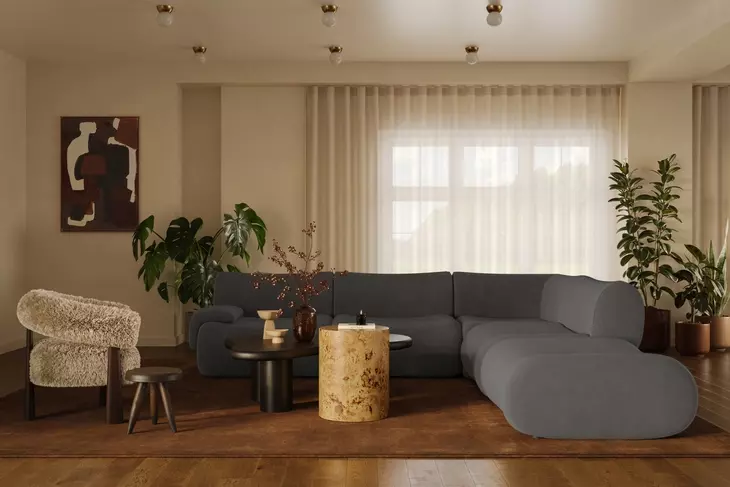 Zenith Charcoal Gray Upcycled Fabric Modular Sectional with LAF Chair