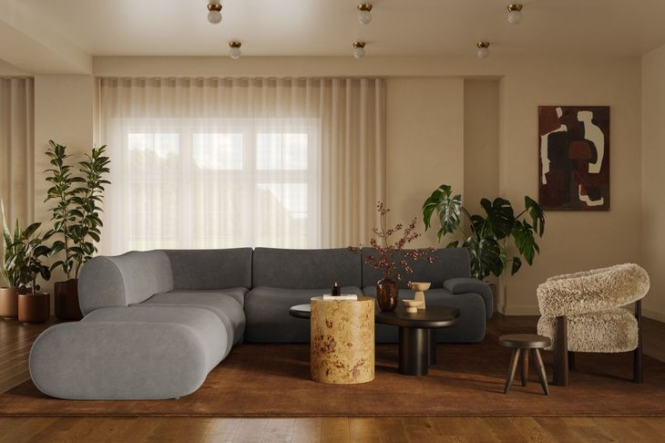 Zenith Charcoal Gray Upcycled Fabric Modular Sectional with RAF Chair