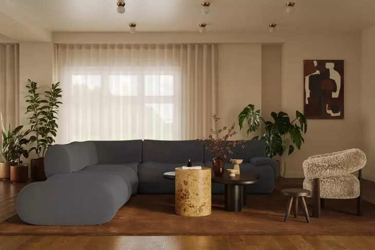 Zenith Charcoal Gray Upcycled Fabric Modular Sectional with RAF Chair
