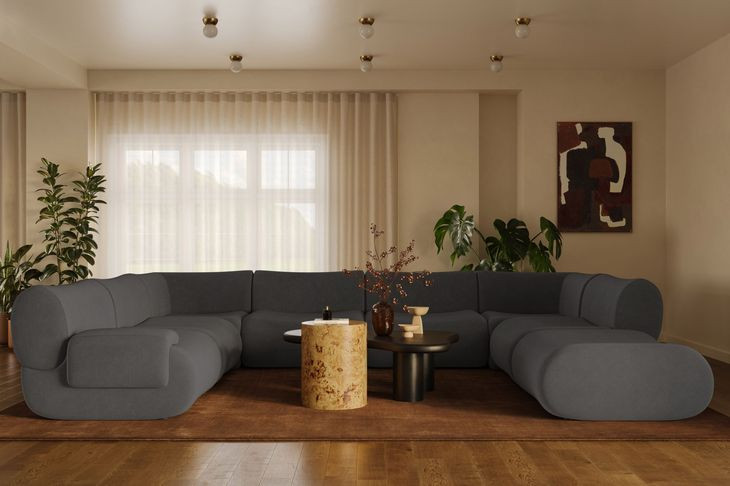 Zenith Charcoal Gray Upcycled Fabric Modular U-Sectional with LAF Chair