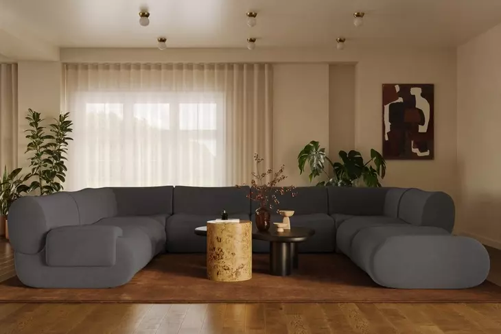 Zenith Charcoal Gray Upcycled Fabric Modular U-Sectional with LAF Chair