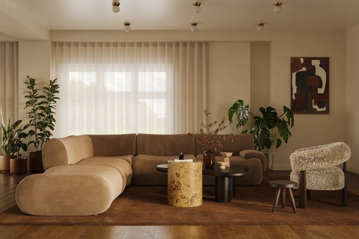 Zenith Latte Brown Velvet Modular Sectional with RAF Chair