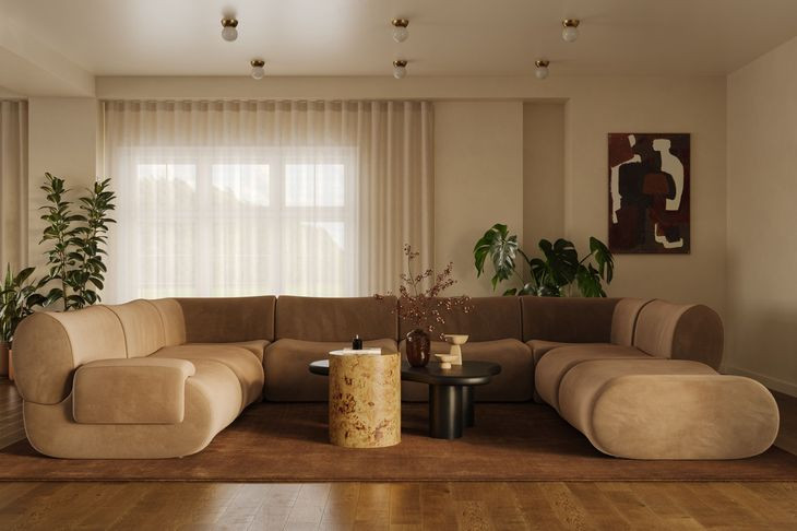 Zenith Latte Brown Velvet Modular U-Sectional with LAF Chair