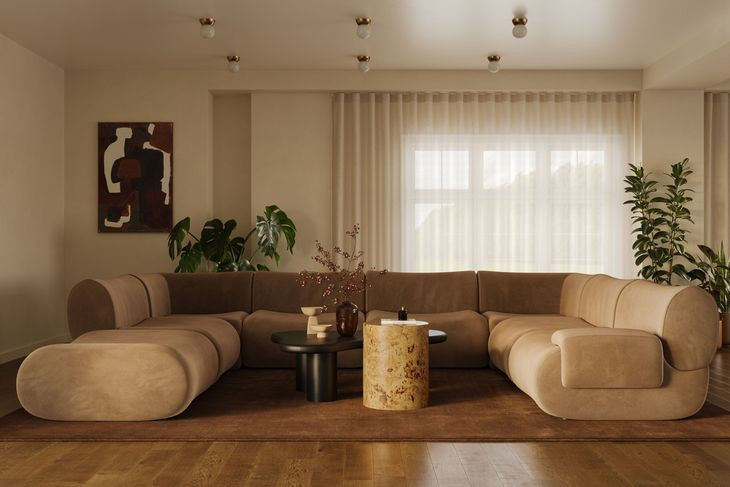 Zenith Latte Brown Velvet Modular U-Sectional with RAF Chair