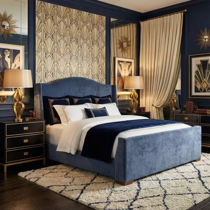 Boulevard Blue and Brown Queen Upholstered Panel Bed
