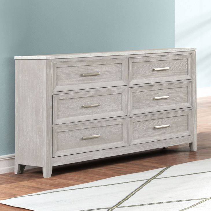 Fiona White and Mist Gray 6 Drawer Marble Top Dresser