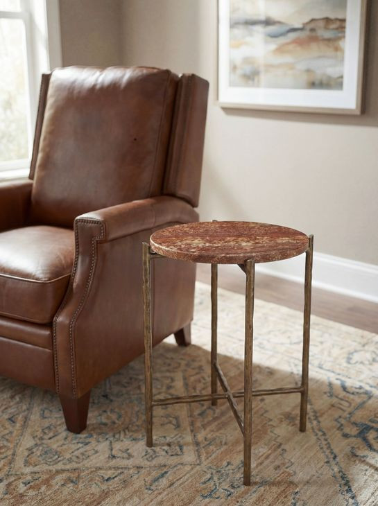 Mosaic Red and Gold Round Travertine Top Joie De Vivre Spot Table