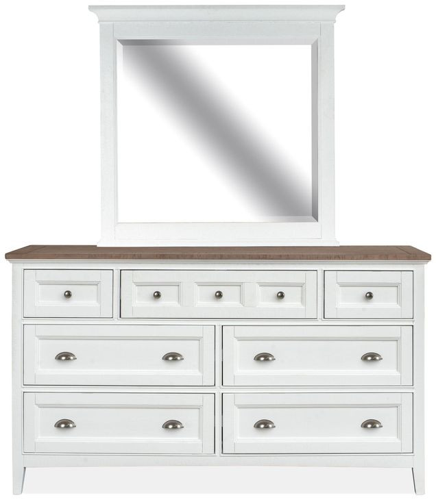 Bluehaven Chalk White and Dovetail Gray 7 Drawer Dresser with Rectangular Mirror