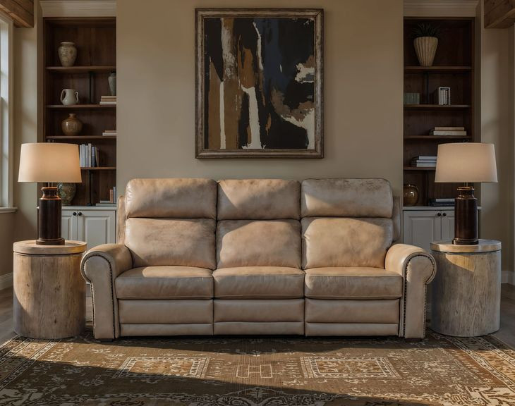 Duncan Light Brown Leather Power Reclining Sofa with Power Headrest And Lumbar