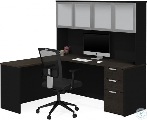 Pro Concept Plus White And Deep Grey And Black L Desk With Frosted Glass Hutch From Bestar Coleman Furniture