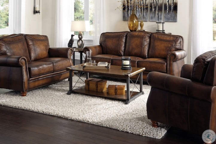 Montbrook Hand Rubbed Brown Leather Living Room Set from ...